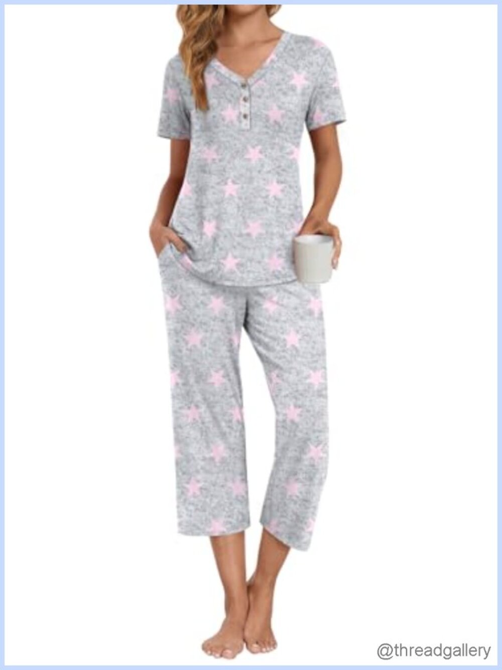Women's 2 Piece Pajama Set Short Sleeve Top Capri Pants Lounge Sleepwear Pockets